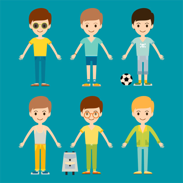 一组少年少年肖像友情男人性格团队快乐的人男孩人矢量插图图片下载