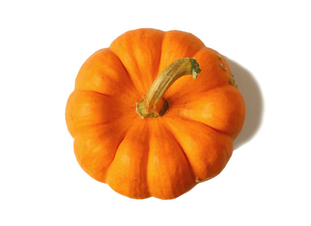 鲜亮橙色的成熟南瓜俯视图，茎孤立在白色背景上图片下载