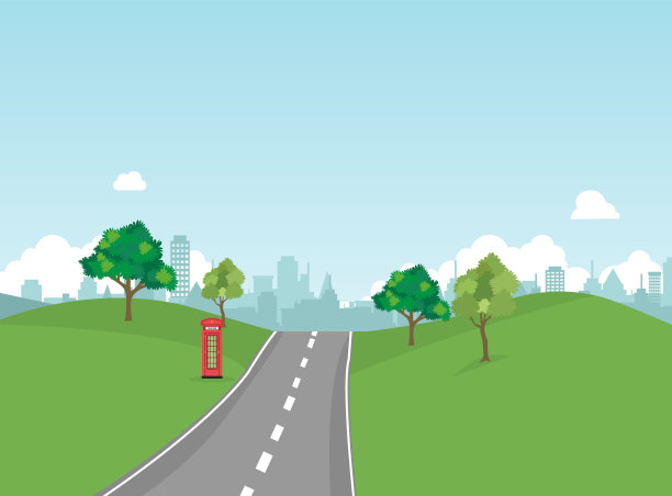街道公园与自然景观和建筑背景矢量插图。主街景向量。通往城市和自然的道路。图片下载