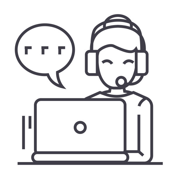 呼叫中心，戴着耳机的女人在笔记本电脑上工作矢量线图标，标志，背景上的插图，可编辑的笔触图片下载