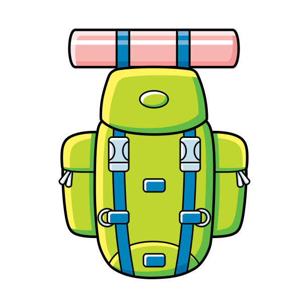 带露营垫的绿色旅游徒步背包。图片下载