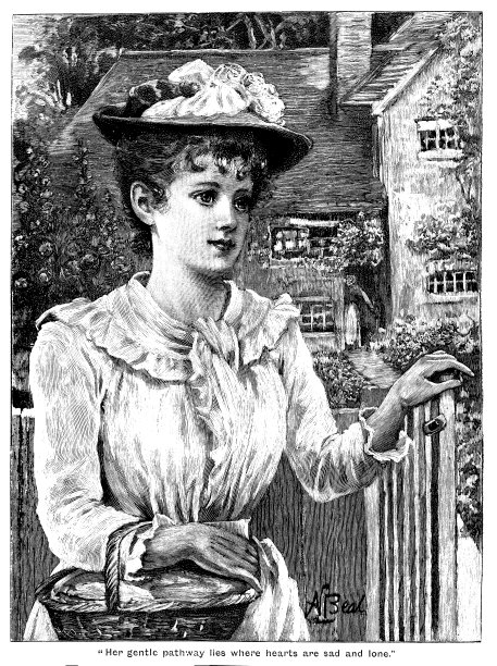 19世纪年轻女子站在小屋花园门口，手提篮子插画：艺术家A·比尔，1893年图片下载