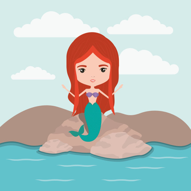 美人鱼神奇的角色在岩石海景观背景图片下载