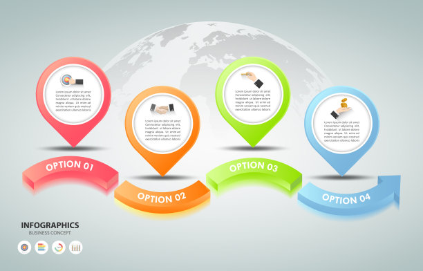 设计信息图表模板4个选项。业务概念可用于工作流布局、图表、数字选项、时间线、步骤、演示信息图图片下载
