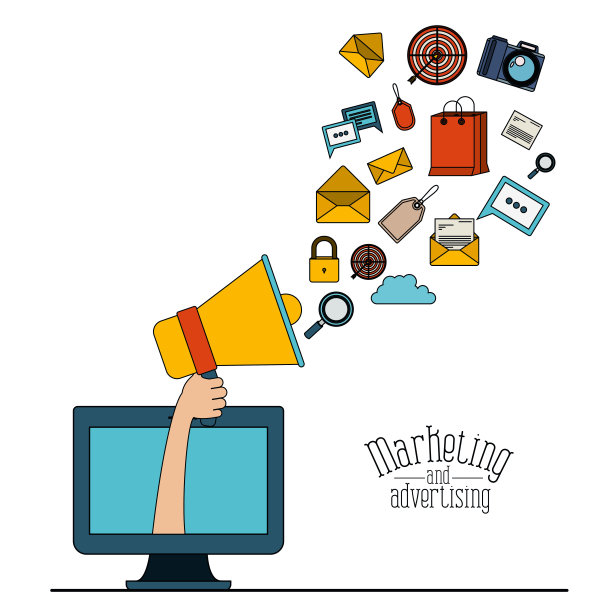 白色背景与显示电脑和扩音器与元素网络营销和广告图片下载