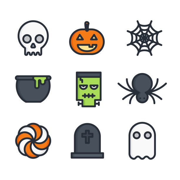 万圣节彩色线条图标设置平面设计图片下载