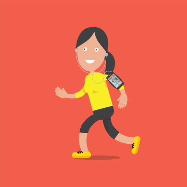 运动友好微笑的女性角色站立和运行与智能手机插图图片下载