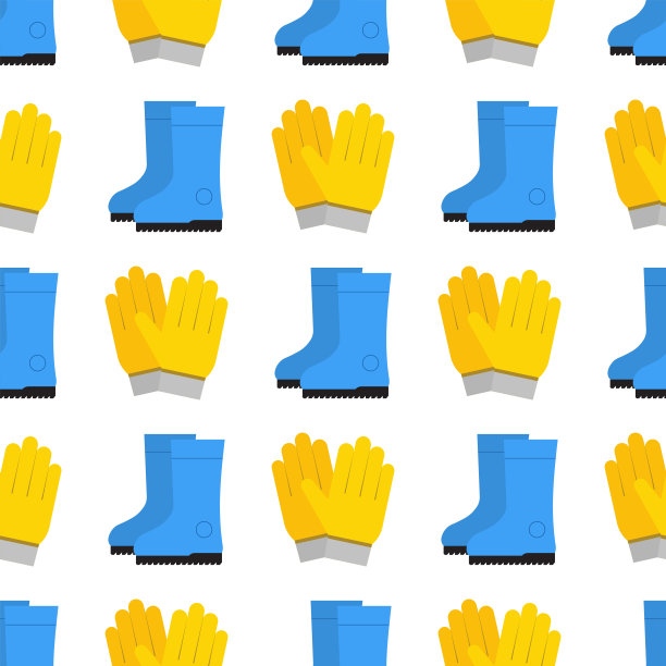 橡胶黄色保护手套卡通平面无缝模式矢量插图图片下载