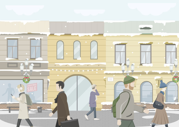 新年。城市街道的野花。时尚商店,超市。人们在冬天穿过城镇。图片下载