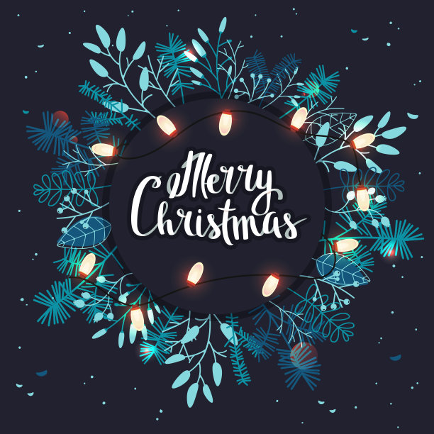 圣诞卡片与树叶，树枝和圣诞灯素材图片