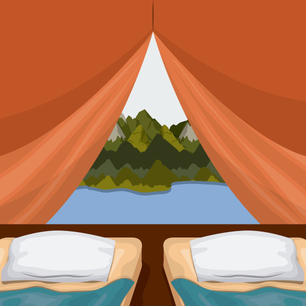 背景室内双垫露营帐篷和景观景观外湖图片下载