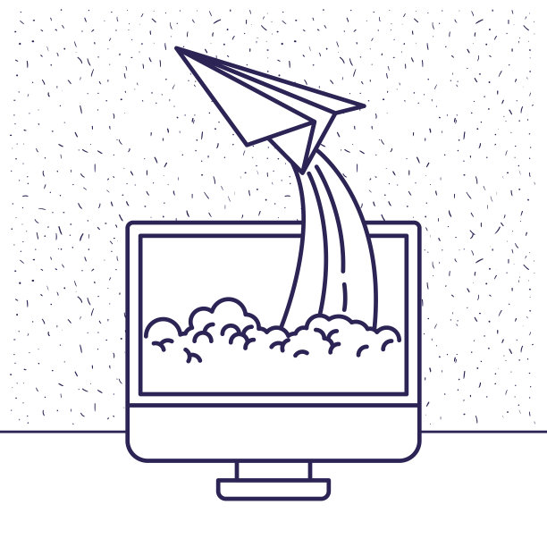 白色背景，蓝色轮廓，液晶显示器和纸飞机图片下载