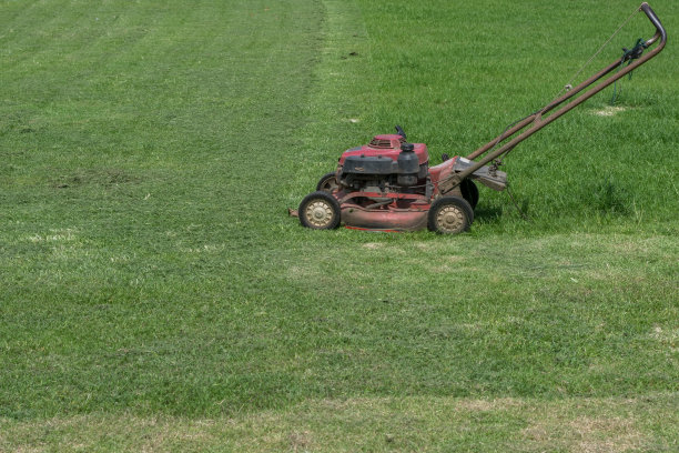 旧割草机在院子里。图片下载