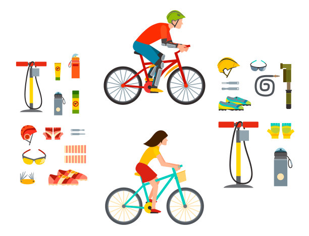 积极休闲交通工具配件，自行车运动装备，生活方式，自行车平面矢量自行车装备插图图片下载