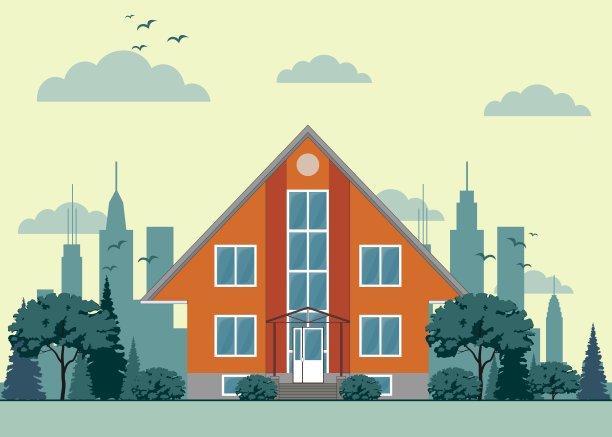 树木和城市背景的现代小屋图片下载