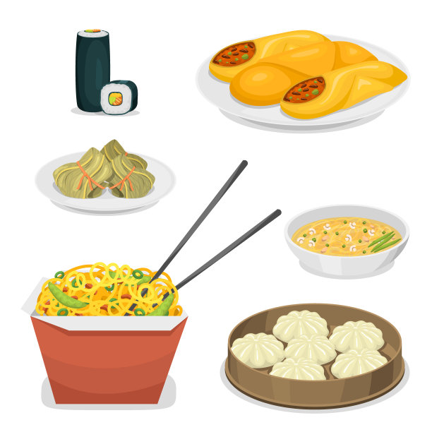 中国传统美食菜肴美味佳肴亚洲正餐中餐烹饪矢量插图素材图片
