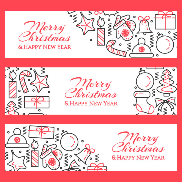 圣诞横旗用圣诞树、礼物、圆形装饰。平线的艺术。矢量插图。图片下载