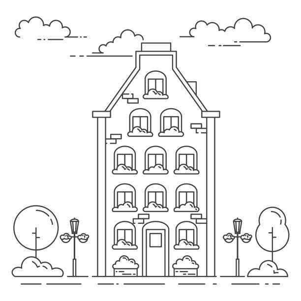 城市景观有房子，树和云。矢量插图。平面线条艺术风格。图片下载