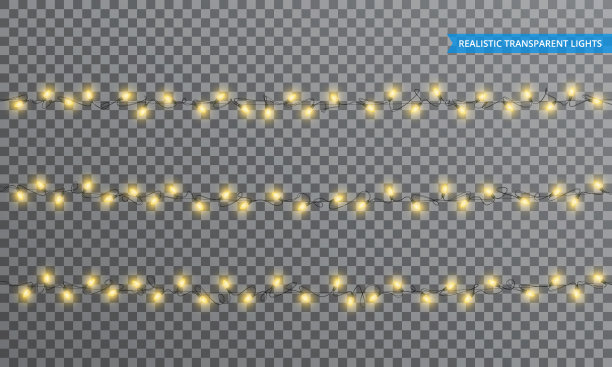 圣诞灯。逼真的线灯设计元素与透明度。冬季假期灯火通明。闪亮的圣诞和新年花环素材图片