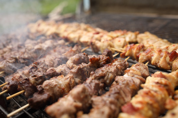 烧烤鸡肉牛肉和猪肉女孩图片下载