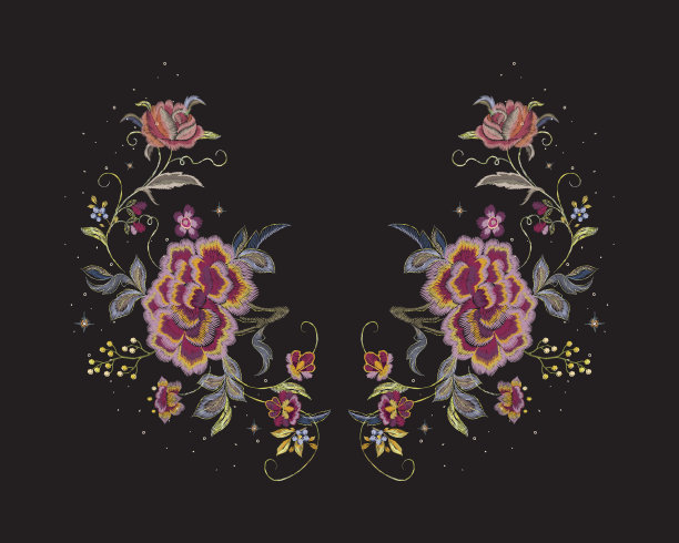 刺绣花领口图案与红玫瑰。图片下载