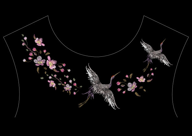 刺绣东方领口图案与鹤和樱花。图片下载