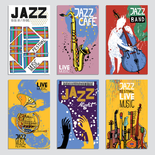 带有乐器的爵士音乐节海报。手绘插图与不同的墨水纹理。素材图片