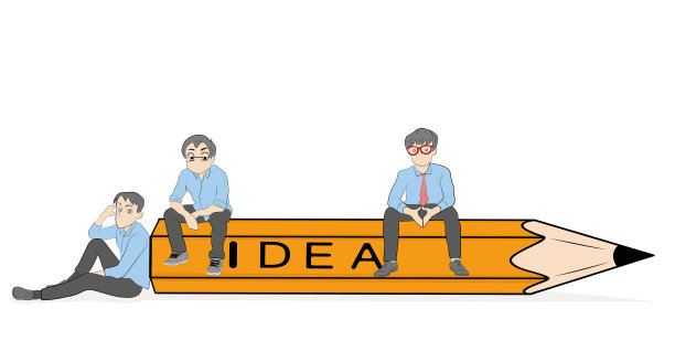 小商人坐在黄色铅笔上的想法。矢量插图的创造性团队。图片下载