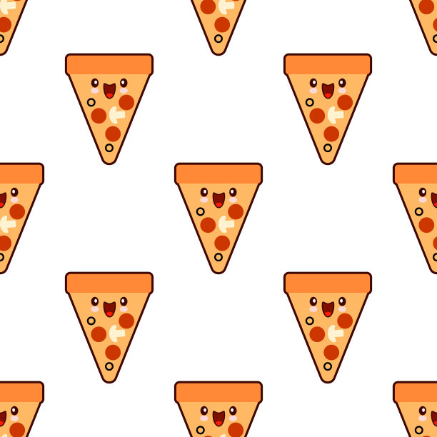 无缝模式与披萨补丁可爱的快餐卡哇伊字符在白色的背景。平面设计向量图片下载