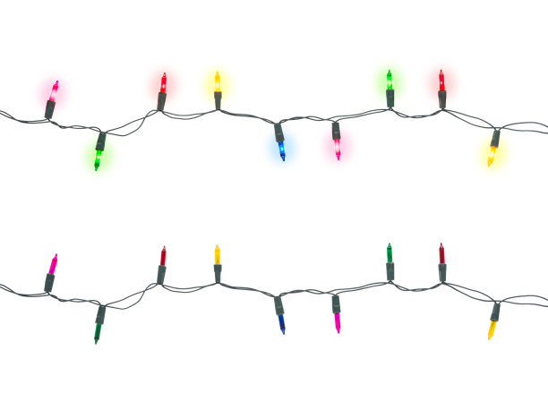 一串串的圣诞灯泡，五彩缤纷，忽明忽暗;蓝色，黄色，红色，粉色和绿色孤立在白色背景上，圣诞假日装饰概念(包括剪切路径)图片下载