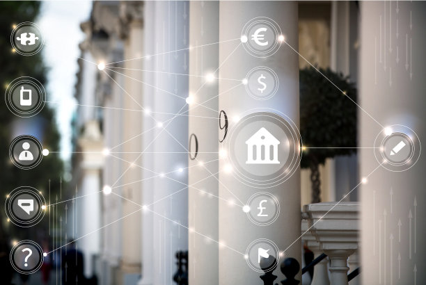 伦敦。英文豪华物业入口，带有柱子和网络连接图标。房地产市场的概念。图片下载