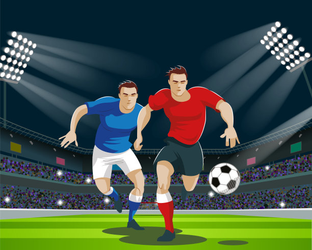 足球运动员在体育场踢球。光、站、粉丝。图片下载