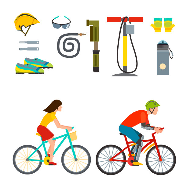 积极休闲交通工具配件，自行车运动装备，生活方式，自行车平面矢量自行车装备插图图片下载