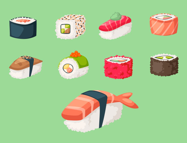 寿司日本料理传统食物平面健康美食图标亚洲餐饮文化卷矢量插图图片下载