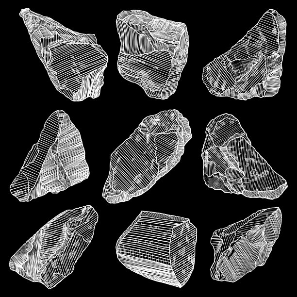 岩石集。黑白石雕和岩雕以手绘孵化，木雕风格。一组不同的巨石。向量。图片下载