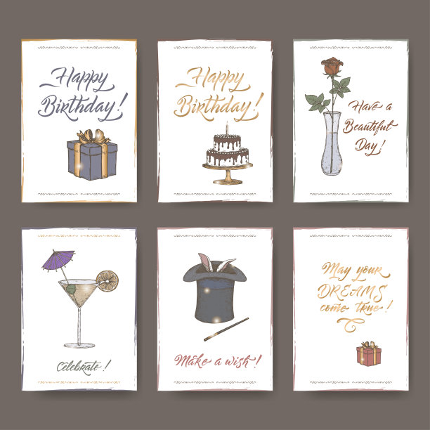 一套六张A4格式彩色复古生日卡与书法，礼物，蛋糕，花，鸡尾酒，魔术帽素描。图片下载