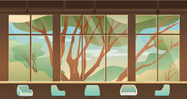 窗外有自然和森林景色的玻璃窗，空无一人的咖啡厅、咖啡吧和座位。图片下载