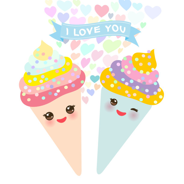 我爱你卡哇伊冰淇淋华夫蛋筒有趣的口吻，粉红色的脸颊和闪烁的眼睛，柔和的颜色在白色的背景。向量图片下载