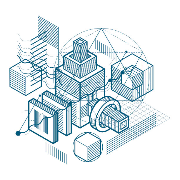 抽象设计与三维线性网格形状和图形，矢量等距背景。立方体，六边形，正方形，矩形和不同的抽象元素。图片下载
