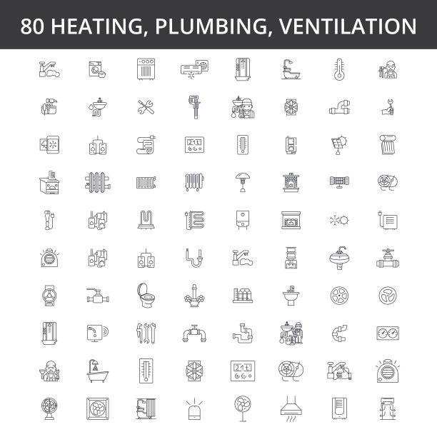 暖通、采暖、空调、通风、管道服务、锅炉、家用空调、工程、散热器等线路图标、标识。说明矢量的概念。可编辑的中风图片下载
