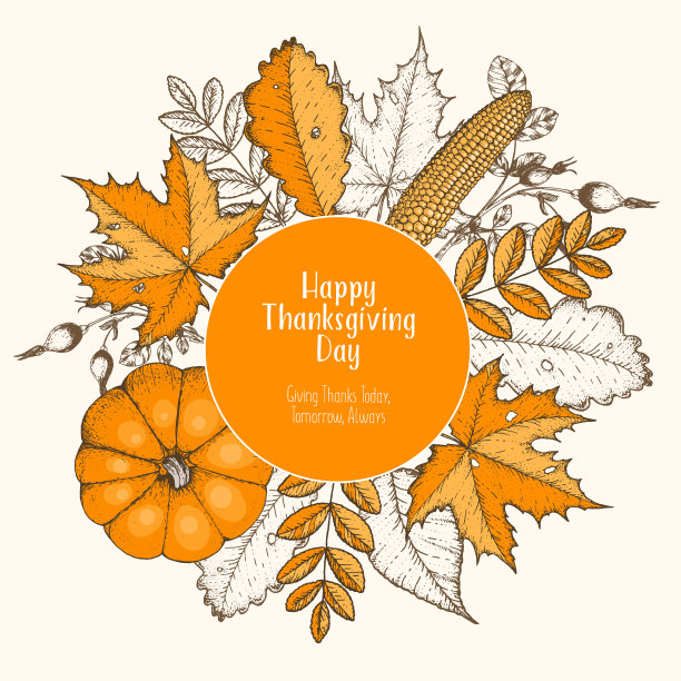 感恩节俯视图矢量插图。秋季标签手绘。秋叶、玉米、南瓜素描。雕刻的形象。素材图片