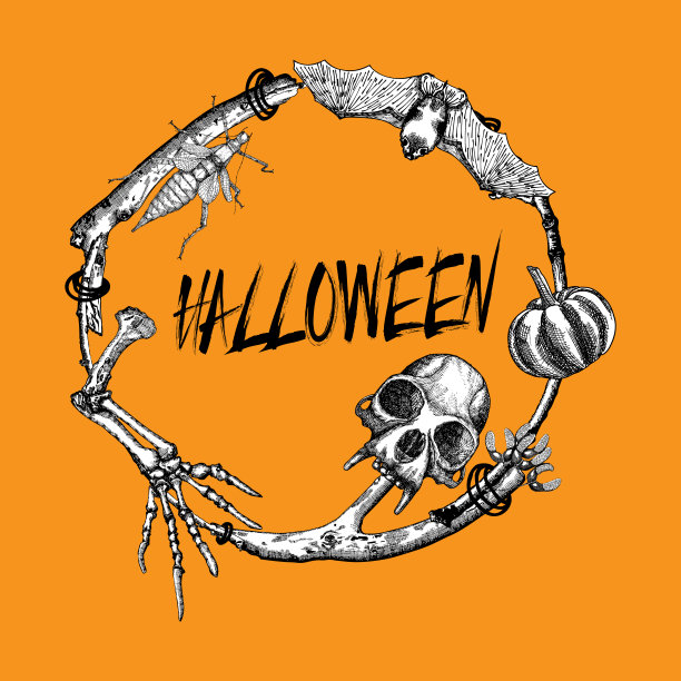 万圣节字母与手绘树枝花环装饰背景矢量素材图片下载