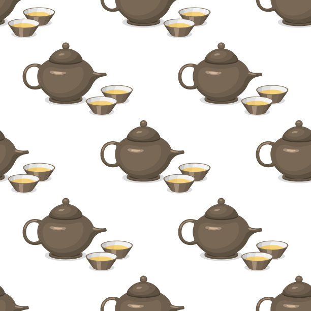 壶茶壶喝热早餐厨房用具无缝图案茶壶与两杯矢量插图图片下载