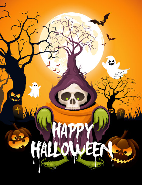 矢量万圣节树骷髅怪物和恐怖万圣节南瓜鬼在夜晚的树林。图片下载