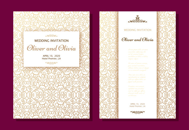 一套婚礼邀请模板。封面设计与金色漩涡装饰图片下载