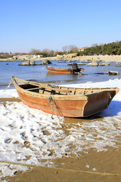 渔船，冰天雪地的海边，特写照片图片下载