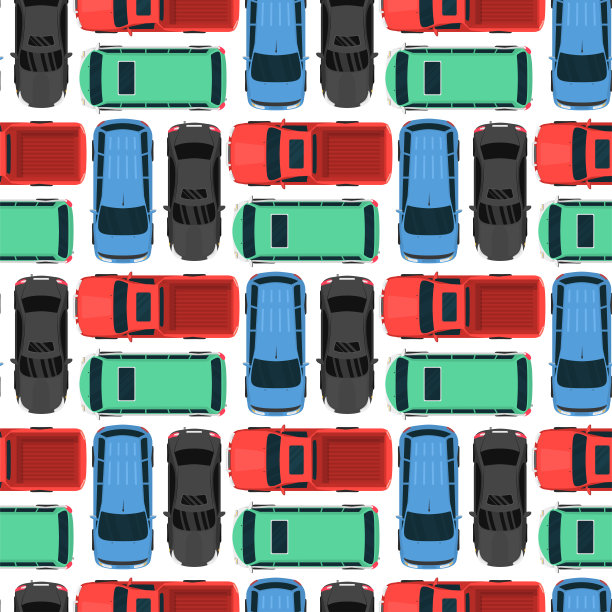 俯视图彩色汽车玩具无缝模式背景皮卡汽车运输车轮运输设计矢量插图图片下载