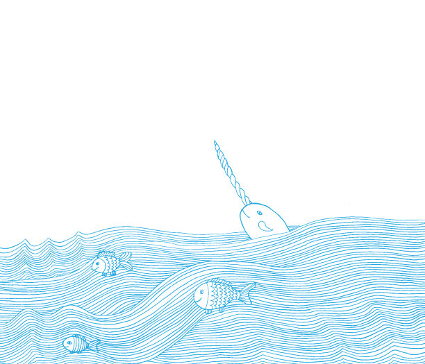 大海里手绘的鱼和独角鲸图片下载