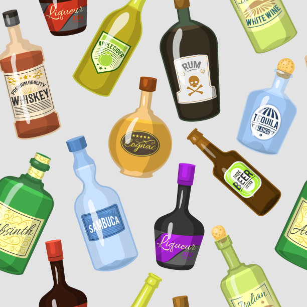 酒精烈性饮料瓶卡通酒杯威士忌，干邑，白兰地，葡萄酒矢量插图无缝图案背景图片下载
