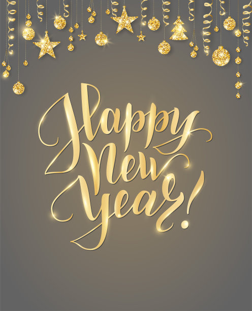 手写的圣诞快乐。金光闪闪的花边，花环上挂着球和丝带。图片下载